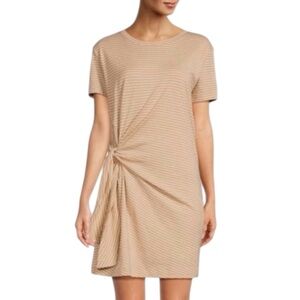 New VINCE Striped Cotton Side Tie Mini Dress Tan White Sz S